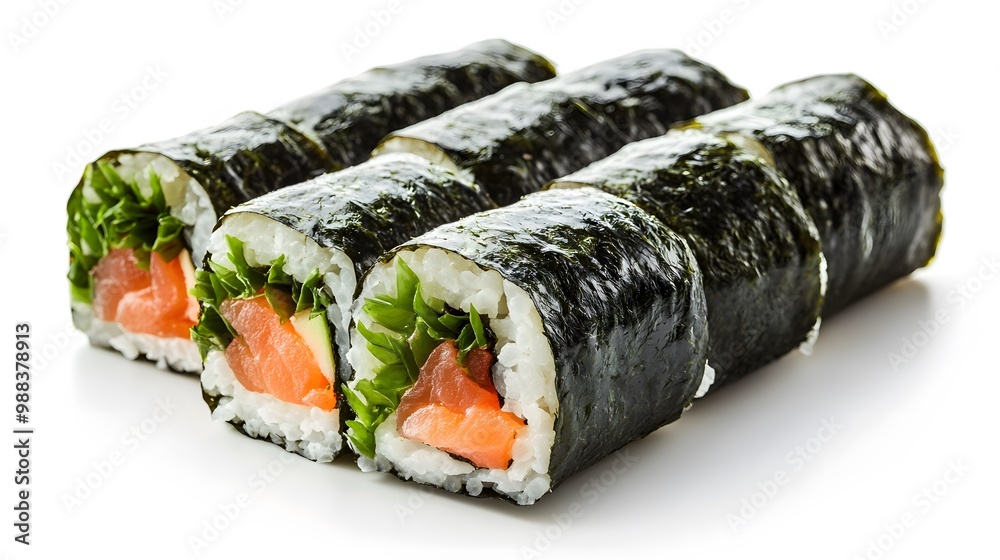 Elegant sushi rolls with seaweed wrapping, beautifully displayed on a flat white background Elegant sushi rolls with seaweed wrapping, beautifully displayed on a flat white background