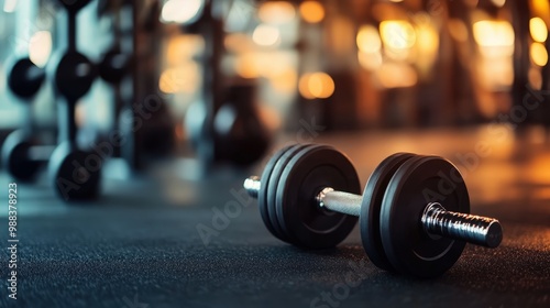 A close-up of a black dumbbell resting on a gym floor, with a blurred background of weights and an energetic atmosphere, ideal for fitness and sports-related themes.