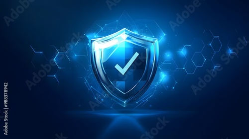 
Protection. Healthcare. Insurance. Cyber security. Network safety. Protection shield with Check mark icon inside transparent sphere shield with hexagon pattern on blue background. Vector illustration