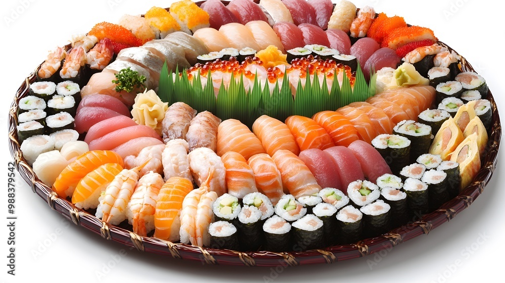 Sushi platter with assorted nigiri and sashimi, meticulously arranged on a white background Sushi platter with assorted nigiri and sashimi, meticulously arranged on a white background