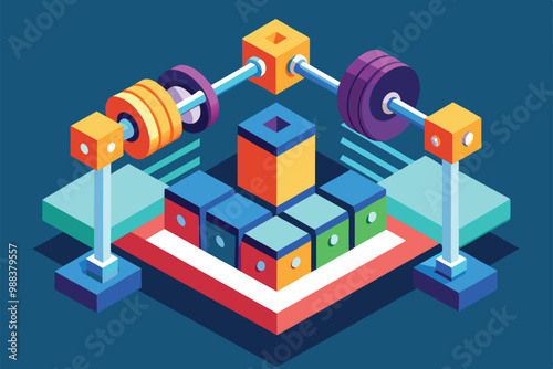 A colorful isometric illustration showcasing a customizable dumbbell exercise setup designed for strength training workouts.