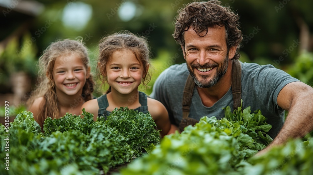 happy farmer family with fresh harvest together in garden in summer happy farmer family with fresh harvest together in garden in summer