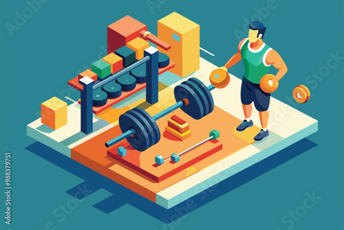 A person performs a customizable isometric dumbbell exercise in a modern gym, surrounded by various weights and fitness equipment.