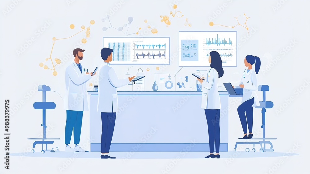 Researchers in a medical lab presenting data to a team of experts, reviewing clinical trials and experiment outcomes. Researchers in a medical lab presenting data to a team of experts, reviewing clinical trials and experiment outcomes.