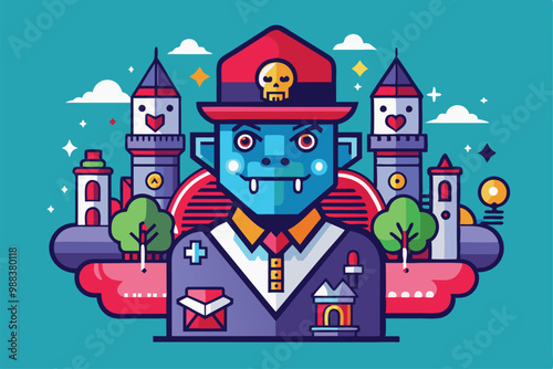 A vibrant cartoon character stands proudly, showcasing its unique design against a whimsical castle backdrop filled with playful details.