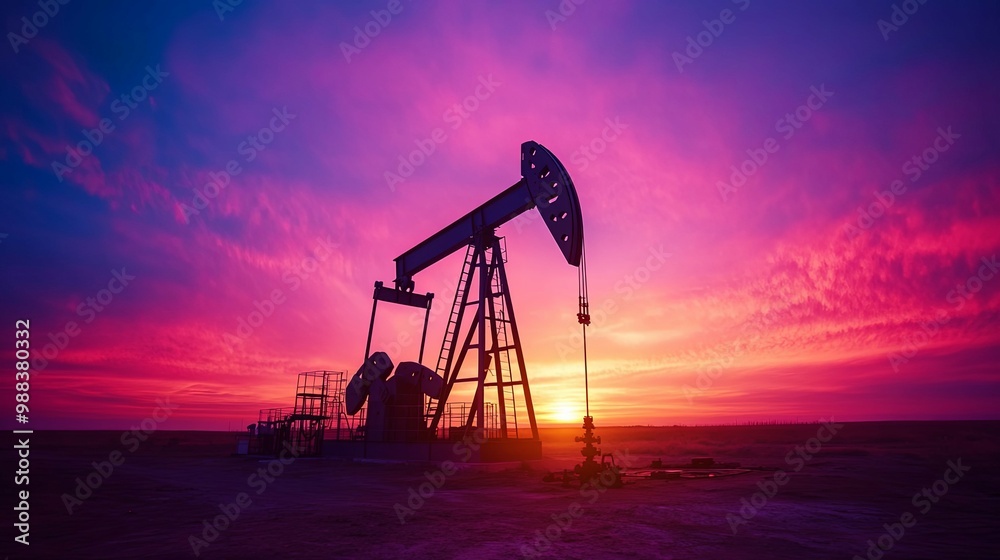Oil Derrick Silhouette Against Vibrant Sunset Sky Oil Derrick Silhouette Against Vibrant Sunset Sky
