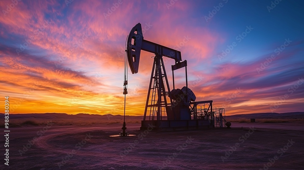 Oil Pump Silhouette Against a Vibrant Sunset Sky Oil Pump Silhouette Against a Vibrant Sunset Sky