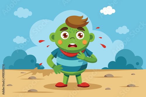 A cartoon character with green skin shows discomfort due to a dust allergy while standing in a dry, barren landscape under a clear blue sky.