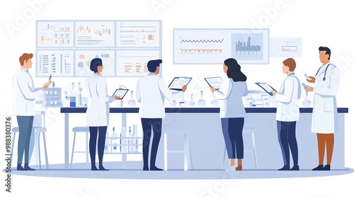 Researchers in a medical lab presenting data to a team of experts, reviewing clinical trials and experiment outcomes.