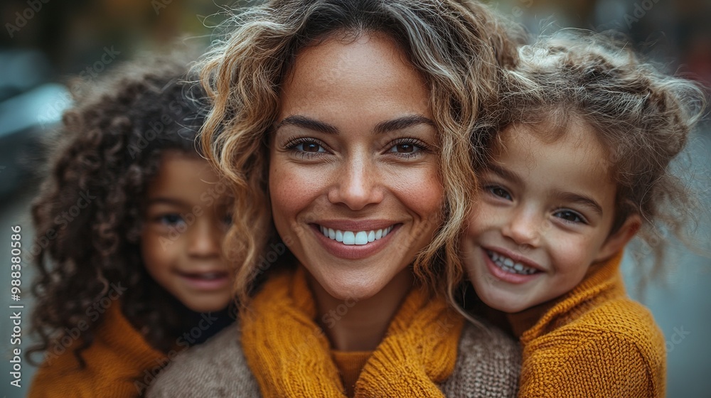 happy mid adult mother waiting for her little multiracial kids after school outdoors in street hugging, kissing them happy mid adult mother waiting for her little multiracial kids after school outdoors in street hugging, kissing them