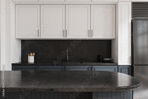 Classical home kitchen interior with bar island and sink, fridge and kitchenware