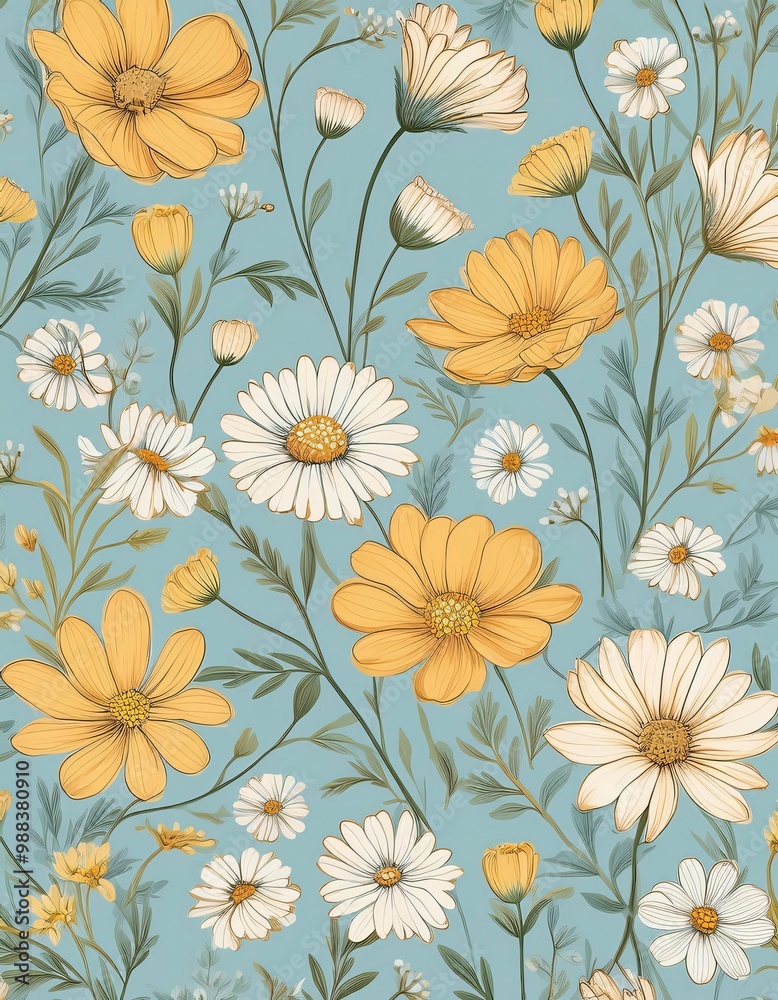 Yellow and white daisies with green leaves in a seamless floral pattern on a blue background Yellow and white daisies with green leaves in a seamless floral pattern on a blue background