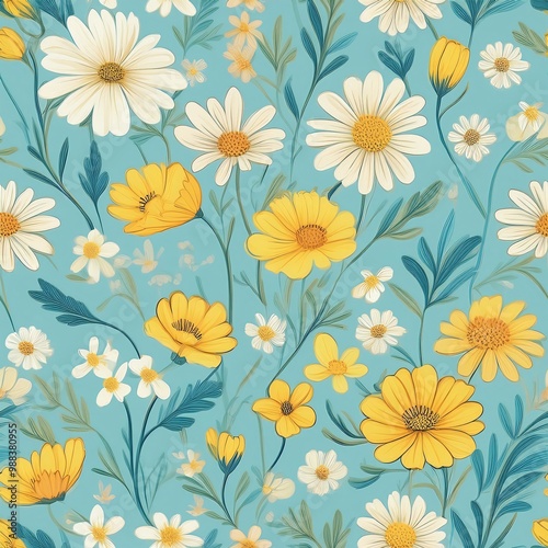 Gorgeous seamless pattern with blooming yellow and white flowers on a delightful blue background, ideal for adding a natural and charming touch to your design projects