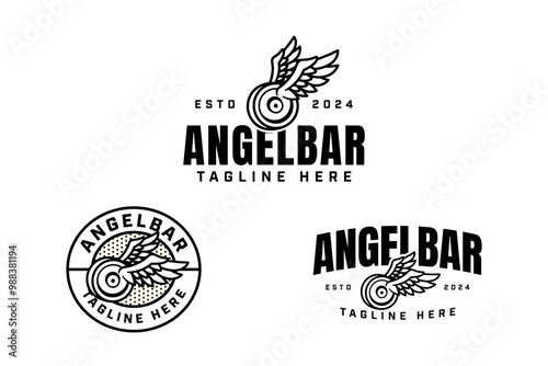 weight bumper plates with wings outline badge logo design set for gym fitness sport and competition.  barbell plates with wings illustration modern logo template for bodybuilding, weightlifting club