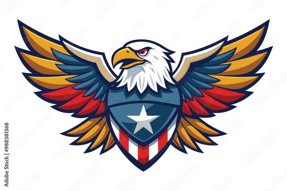 Obraz premium This eagle emblem features vibrant wings and a shield design, perfect for logos or patriotic themes in various creative applications.