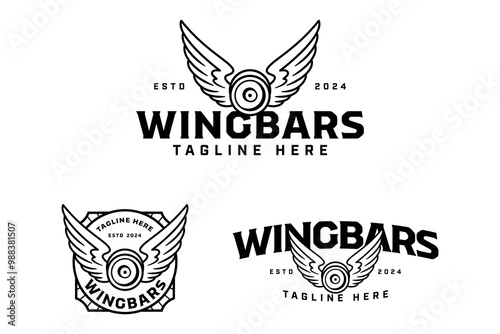 weight bumper plates with angle wings outline badge logo design set for gym fitness sport and competition.  barbell plates with wings illustration logo template for bodybuilding, weightlifting club