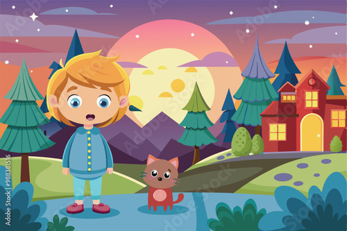 A child in pajamas gazes in amazement at a sunrise, accompanied by a cheerful cat in a vibrant cartoon setting filled with trees and a cozy house.