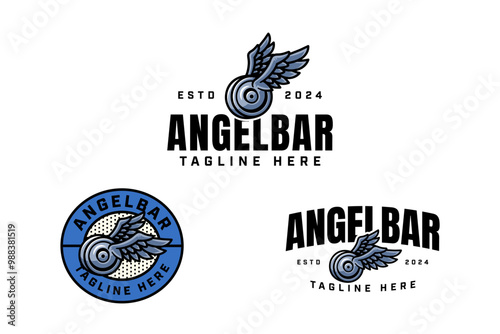 barbell plates with wings colorful badge logo design set for gym fitness sport and competition.  weight bumper plates with wings illustration modern logo template for bodybuilding, weightlifting club