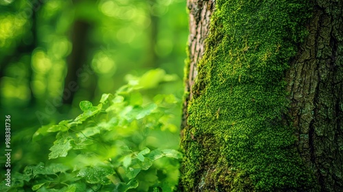 green moss covering a tree trunk in a lush forest, highlighting its natural texture and vibrant color.