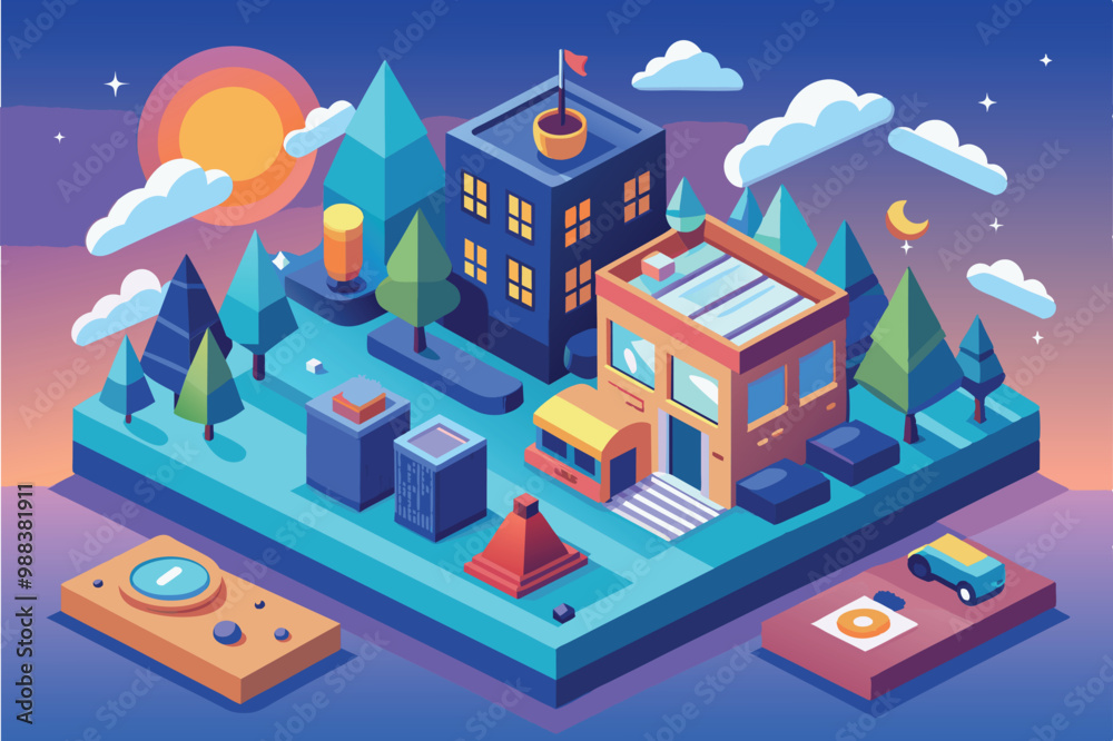 Obraz premium A vibrant isometric cityscape features colorful buildings, lush trees, and vehicles under an early morning sky filled with clouds and the rising sun.