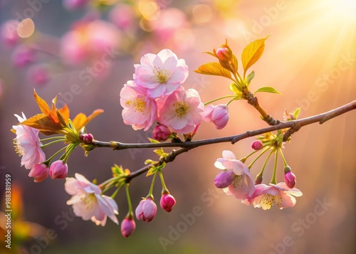 Delicate pink petals unfurl on slender branch swaying in morning mist with subtle sunlight casting soft warm glow photo