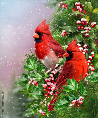 Winter new year christmas background, red cardinal bird sitting on snowy spruce, branches of bright red berries, pine forest in snow, blizzard, snowfall, 3d rendering