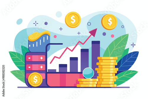 A visual representation of an earnings announcement with growth charts, coins, and a vibrant backdrop, highlighting financial performance and success.
