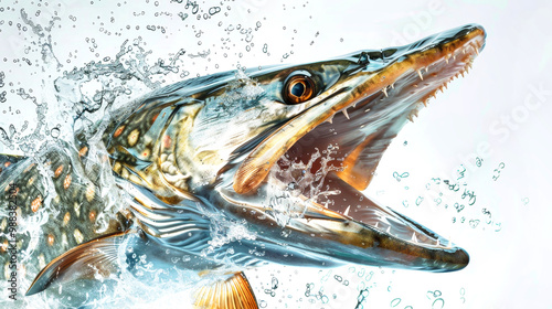 An angry pike fish bursts from the water, mouth wide open, sending splashes flying against a pristine white background in vivid detail