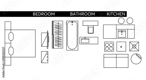 Top-down view of furniture for kitchens, bathrooms, and bedrooms, designed for use in architectural plans and layouts. Ideal for designers and architects looking for detailed vector drawings.furniture