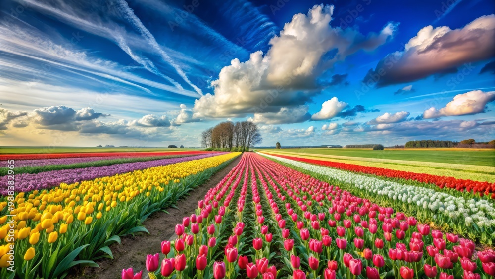 Green fields stretch far and wide, dotted with vibrant tulips, under a brilliant blue sky with a few wispy clouds, evoking feelings of freedom and happiness. Green fields stretch far and wide, dotted with vibrant tulips, under a brilliant blue sky with a few wispy clouds, evoking feelings of freedom and happiness.