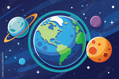 A vibrant flat illustration features Earth and the Moon among other colorful planets in a starry night sky.