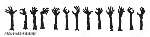 Zombie hands silhouettes. Halloween decor. Set doodle zombie hand