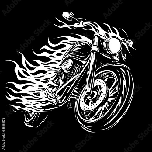 motorcycle on fire with black background, art photo