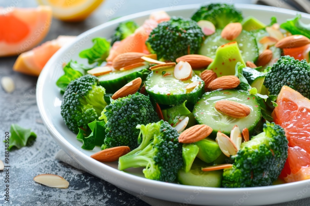 Salad with Avocado, Broccoli, Cucumber, Grapefruit and Almonds Closeup, Green Salat Salad with Avocado, Broccoli, Cucumber, Grapefruit and Almonds Closeup, Green Salat