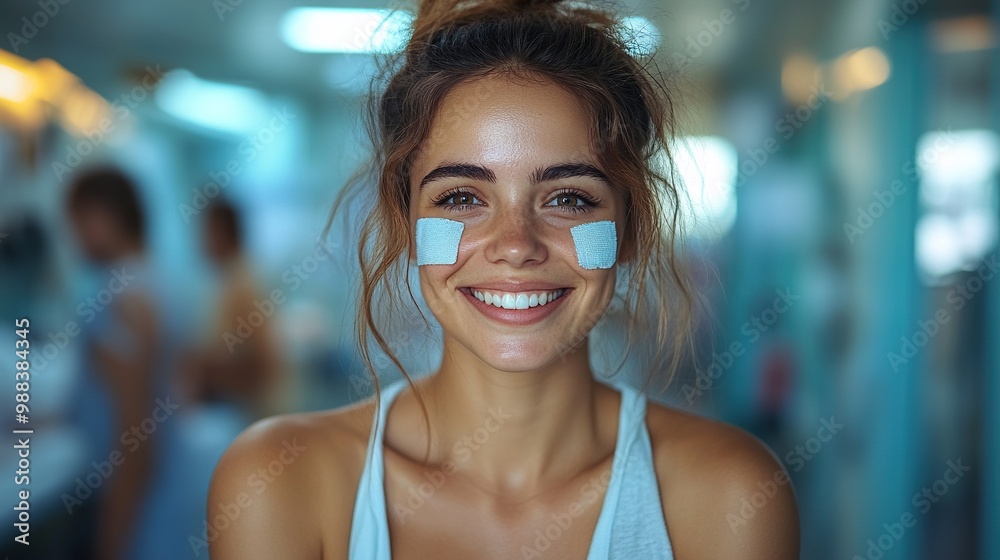 happy woman with plaster on arm after vaccination in hospital taking selfie happy woman with plaster on arm after vaccination in hospital taking selfie