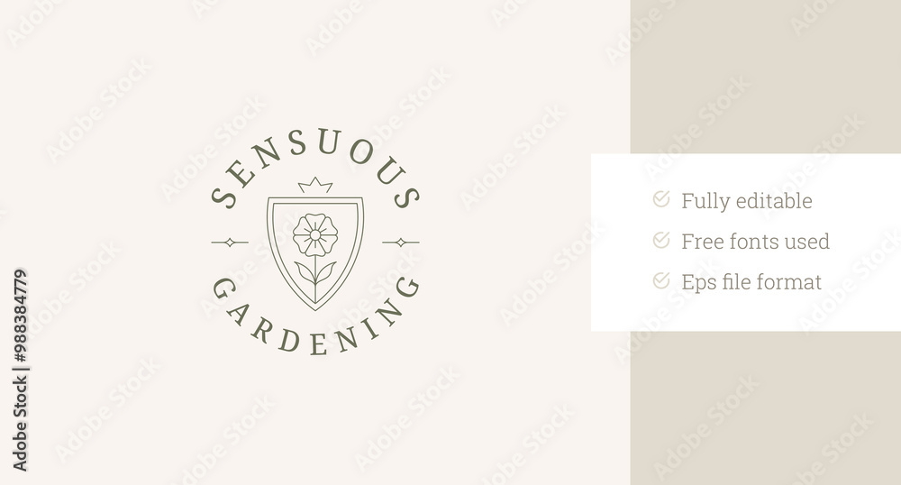 Beauty blossom flower in shield with crown circle line art logo design template vector illustration. Floristic natural plant organic floral minimalist logotype gardening skin care cosmetic brand shop