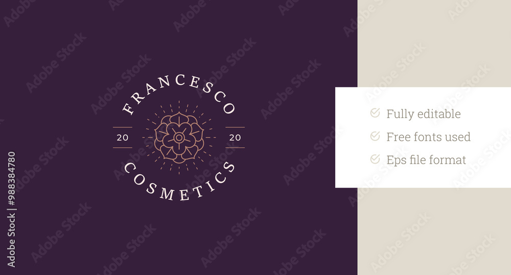 Bright blossom flower luxury circle line art logo design template for fashion brand vector illustration. Elegant gentle floral with petals linear logotype for beauty salon spa wellness cosmetology
