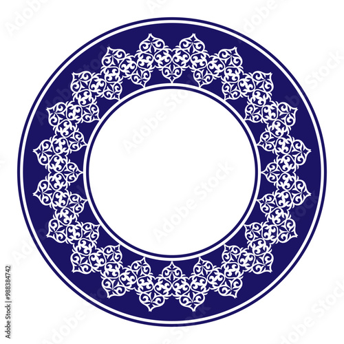 Vector blue and white round Kazakh national ornament. Ethnic pattern of the peoples of the Great Steppe, Kazakh, Mongols, Kyrgyz, Kalmyks, Buryats. Circle, frame border. For ceramics, embroidery photo