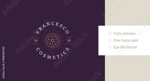 Bright blossom flower luxury circle line art logo design template for fashion brand vector illustration. Elegant gentle floral with petals linear logotype for beauty salon spa wellness cosmetology