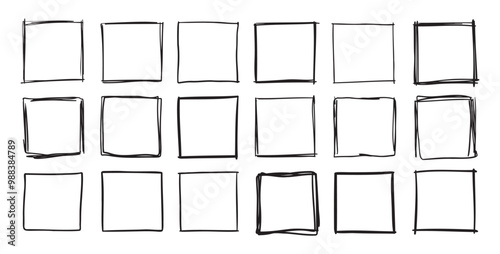 Hand drawn square frames. Doodle line square frame. Vector borders grunge template set.