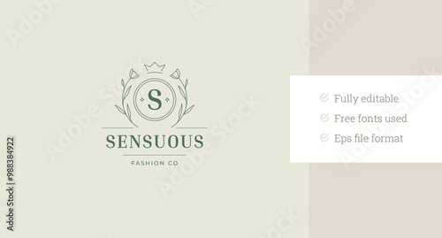 Luxury letter in crown with flower line art logo design template for wedding invitation vector illustration. Botanical blossom floral tulip linear logotype for premium beauty salon cosmetic brand shop