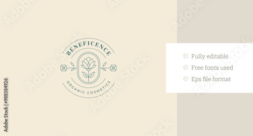 Natural blossom flower circle line art logo design template for spa wellness vector illustration. Beautiful elegant floral lotus linear logotype for skin hair care cosmetic brand cosmetologist