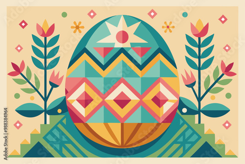 A beautifully crafted Easter card adorned with geometric patterns, floral accents, and a bright sun, celebrating the festive spirit of the holiday.