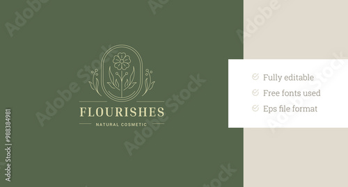 Elegant natural flower with berries line art logo design template for beauty spa salon vector illustration. Beautiful organic floral blossom linear logotype for wellness skin hair care cosmetic brand