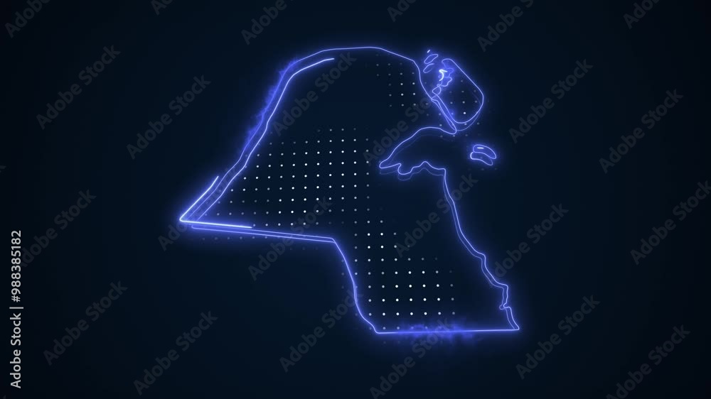 3D Moving Neon Blue Kuwait Map Borders Outline Loop Background