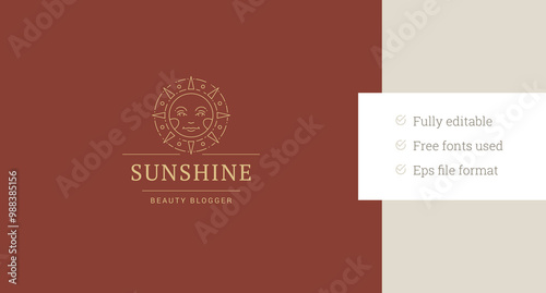 Sacred sun with beam character line art logo design template for beauty brand vector illustration. Summer sunny sunscreen cosmetic minimalist linear logotype for sunbathing makeup artist