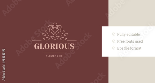 Natural rose flower with petals line art logo design template for spa vector illustration. Beautiful organic floral blossom minimalist linear logotype for wellness cosmetology skin care brand