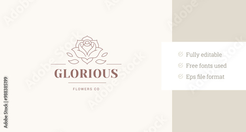 Elegant rose flower minimalist line art logo design template for beauty salon vector illustration. Natural floral blossom botanical florist garden linear logotype for skin care cosmetic brand