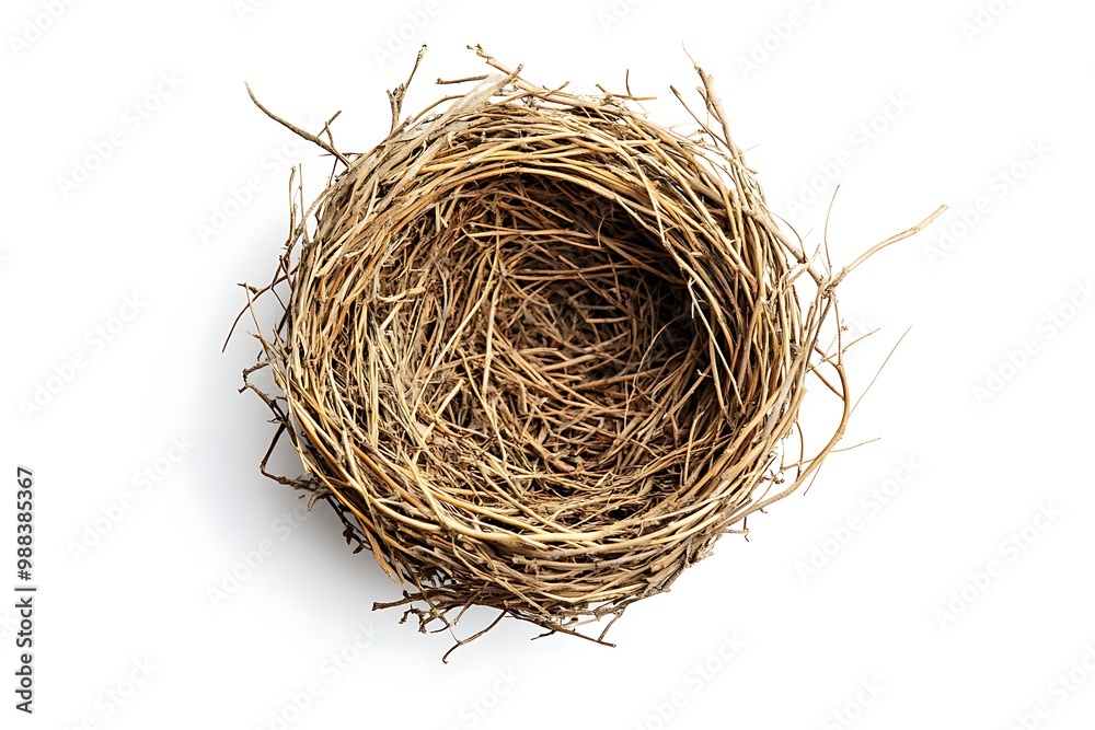 Obraz premium Horizontal shot of an Empty Bird's Nest on a White Background With Shadow.