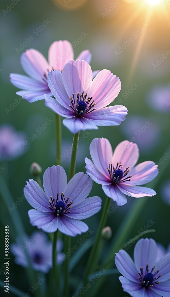 Fototapeta premium Delicate Lavender Cosmos Flowers Bathed in Soft Sunlight Creating Tranquil Phone Wallpaper
